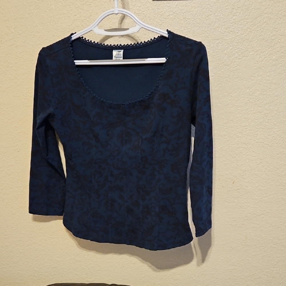 Magdalena Women’s Top Size S 4/6 Dark Blue Crochet Lace Trim Neckline Y2K Boho